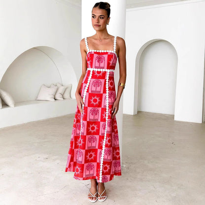 Robe longue imprimée à bretelles fantaisie