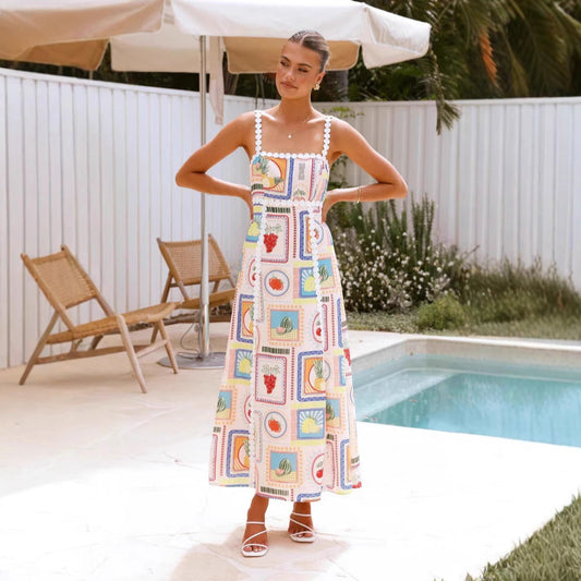 Robe longue imprimée à bretelles fantaisie